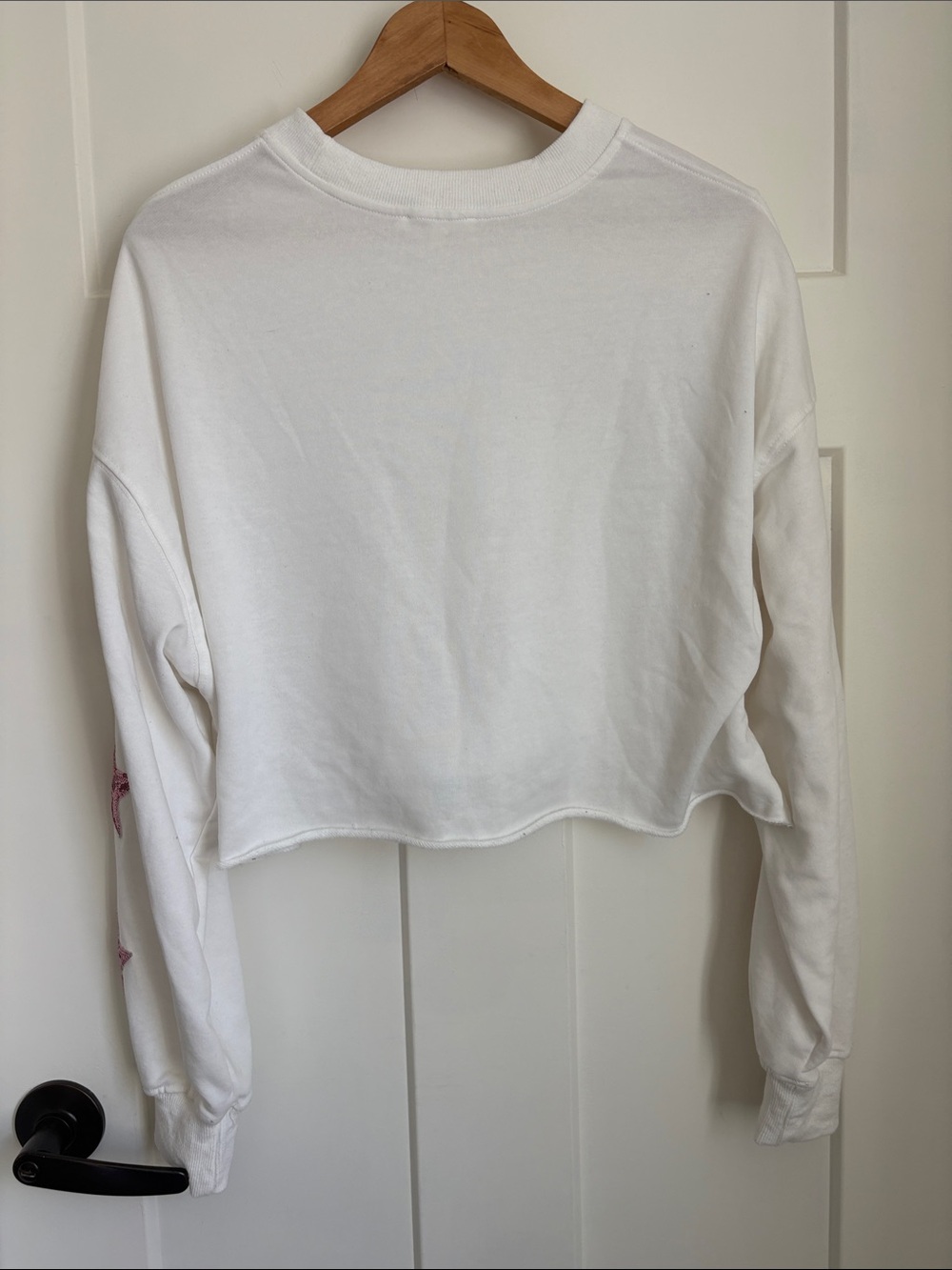 White Cropped Sweatshirt with Silver Fringe & Pink Sequin Stars - Picture 5 of 5